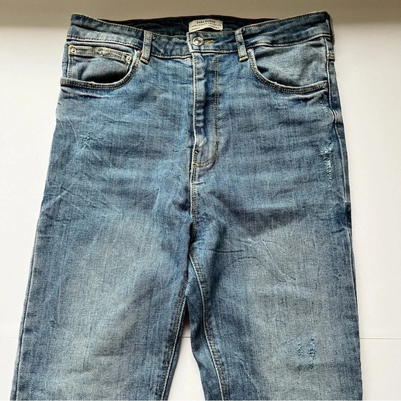 Zara Woman Distressed Jeans Denim Raw Hem High Waisted Skinny Stretch Blue Sz 8 - Picture 11 of 15